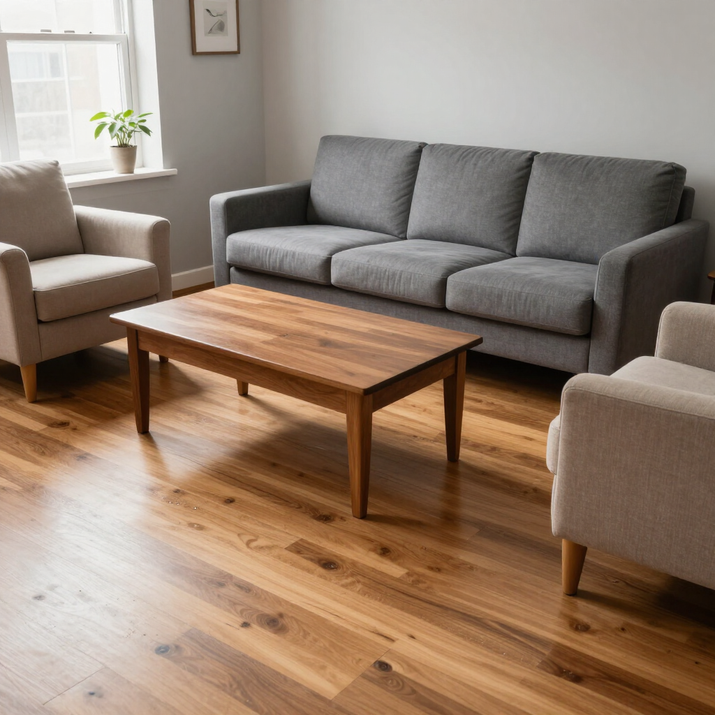 Modern living room with gray sofa, wooden coffee table, and beige armchairs on a hardwood floor.