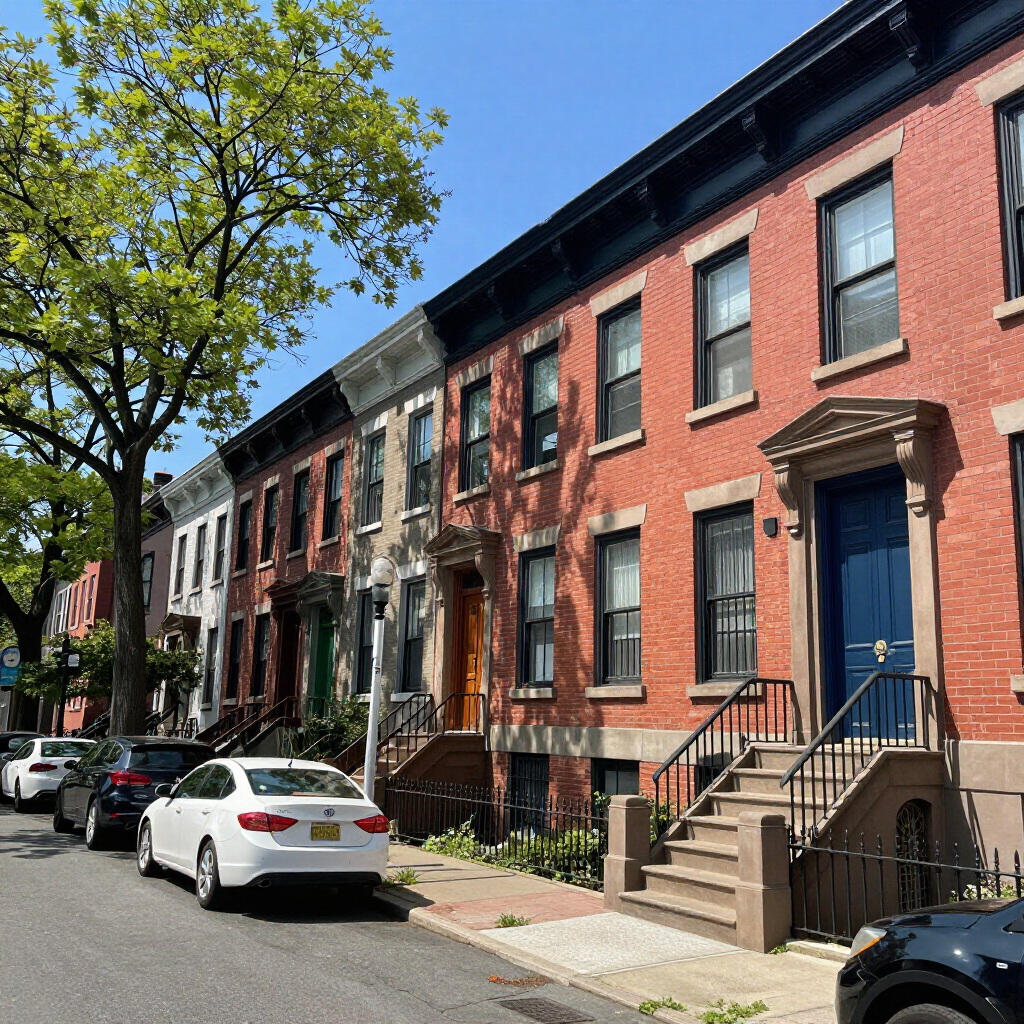 Row of red-brick townhouses on a sunny street with parked cars and a blue front door