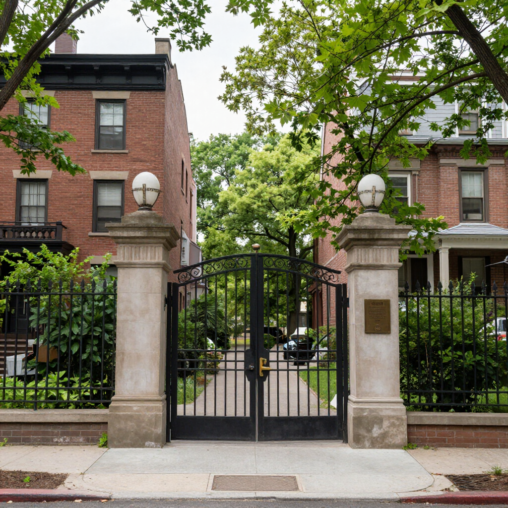 Brick townhouse entrance with wrought-iron gate, stone pillars, and leafy trees overhead