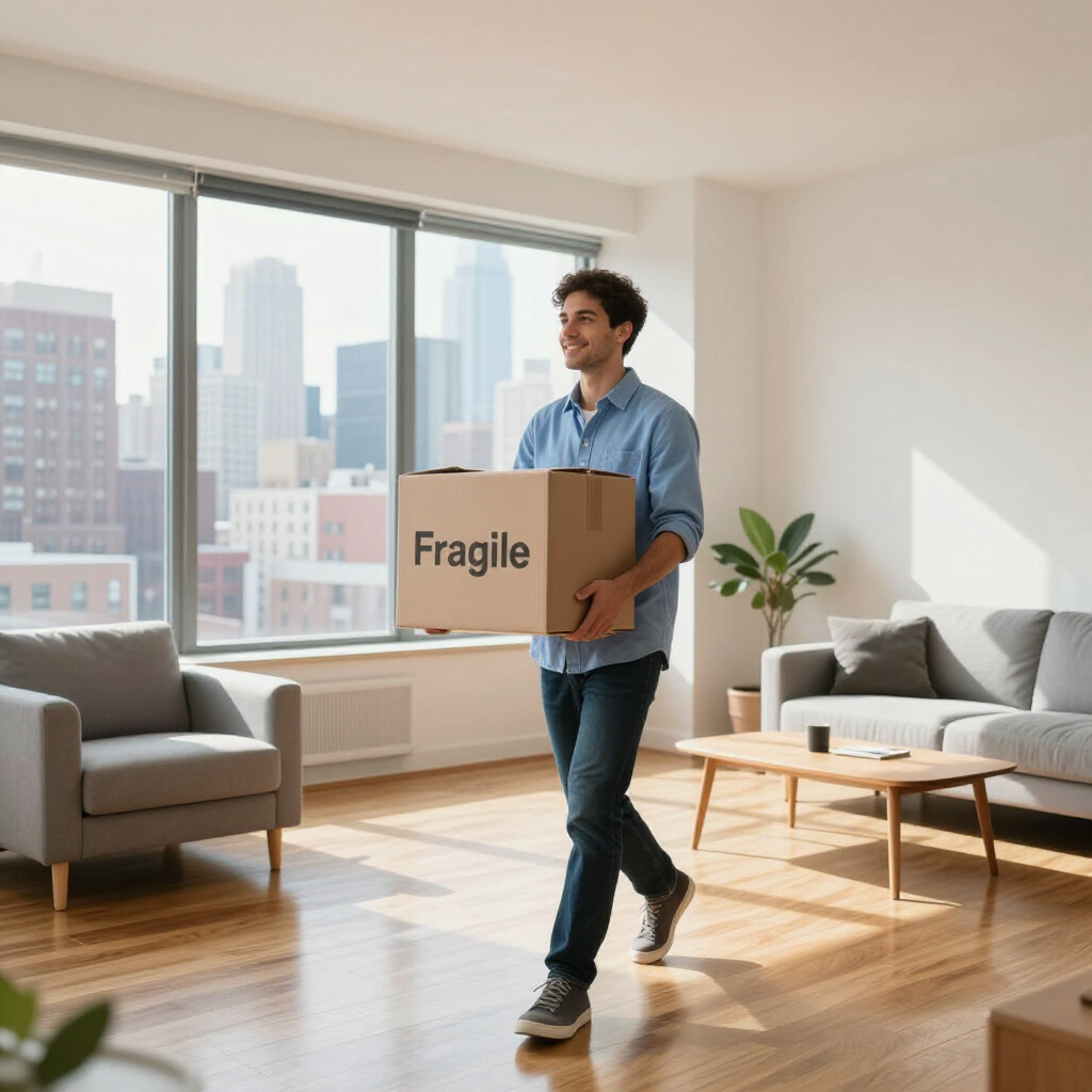 Person carrying a “Fragile” box in a bright living room with large windows.