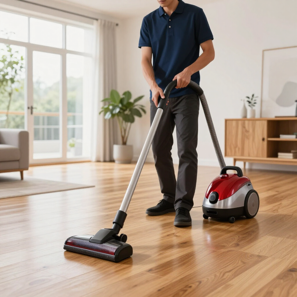 Person vacuuming a hardwood floor in a bright living room with a red canister vacuum.