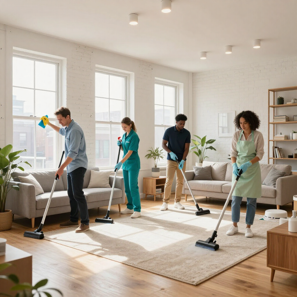 Four people vacuum a bright living room with sofas, plants, and large windows.