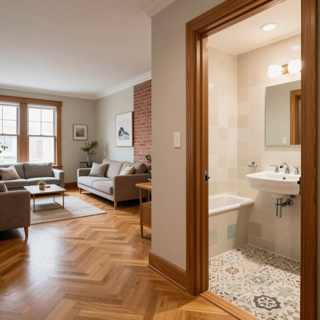 Modern living room with herringbone wood floors, viewed through an open doorway to a small tiled bathroom.