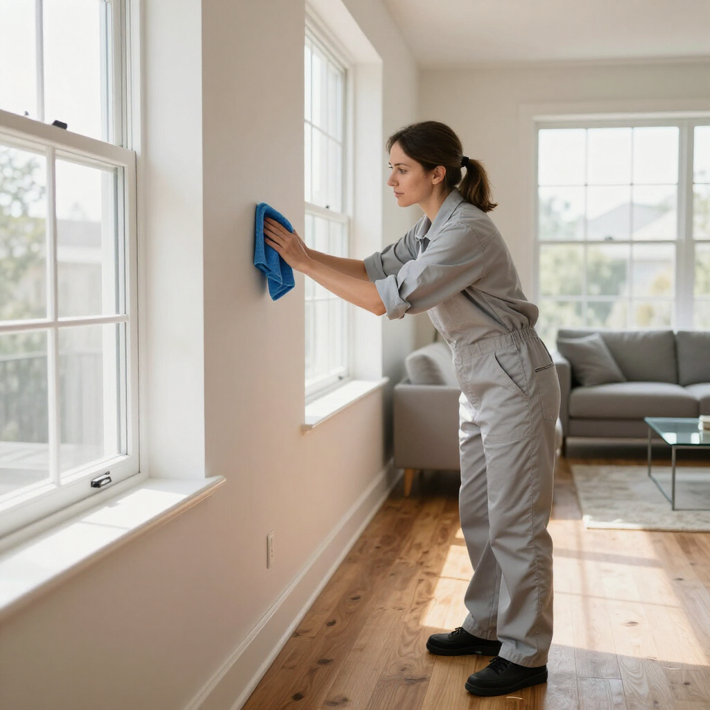 Woman cleaning a bright living room window with a blue cloth