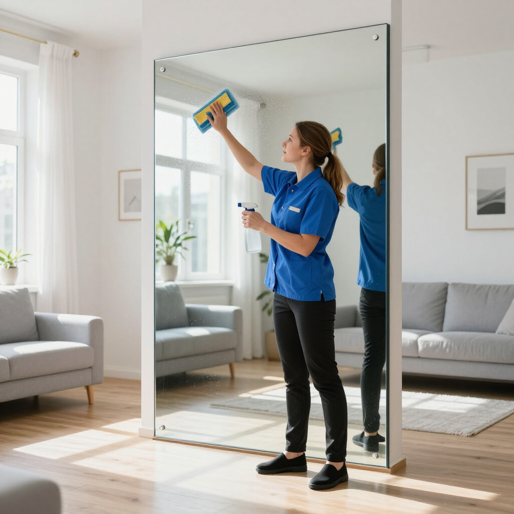 Woman cleaning a large mirror in a bright living room with a blue squeegee