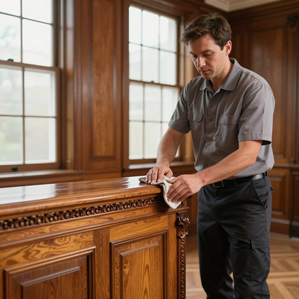 Man polishing a carved wooden counter in a wood-paneled room