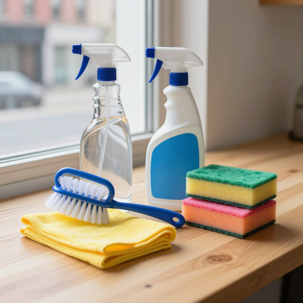 Cleaning supplies on a wooden table by a window: spray bottles, sponge, brush, and cloths.