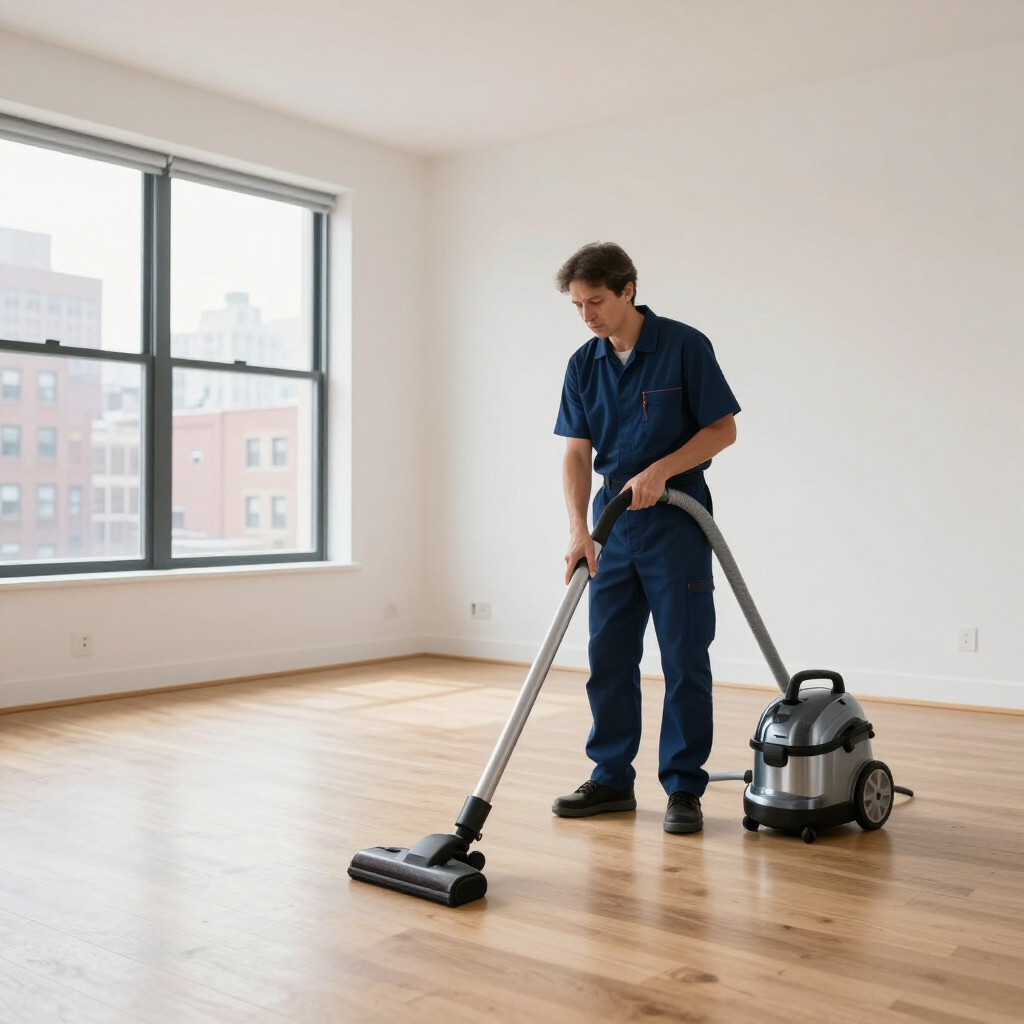 Person vacuuming a bare room with large windows and hardwood floors