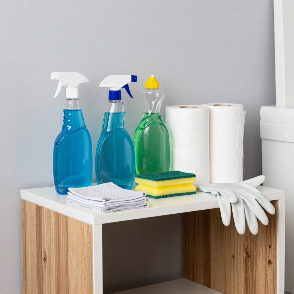 Cleaning supplies on a small table: blue spray bottles, paper towels, gloves, sponges, and cloths.
