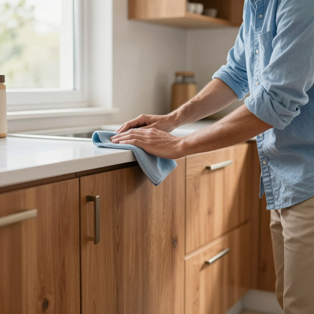 Person wiping a kitchen countertop with a blue cloth beside wooden cabinets and a window