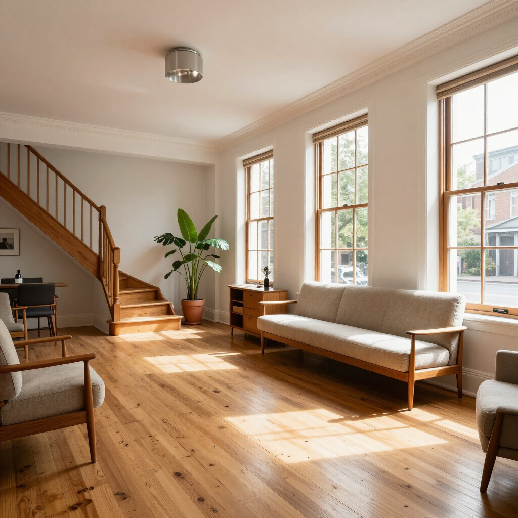 Sunlit living room with wooden staircase, beige sofa, and large windows