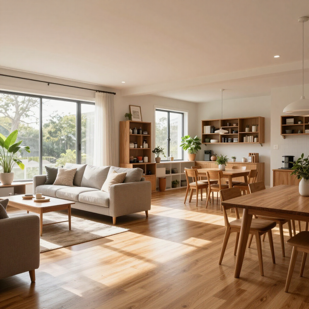 Bright living-dining room with beige sofa, wooden table, shelves, and sunlight through large windows