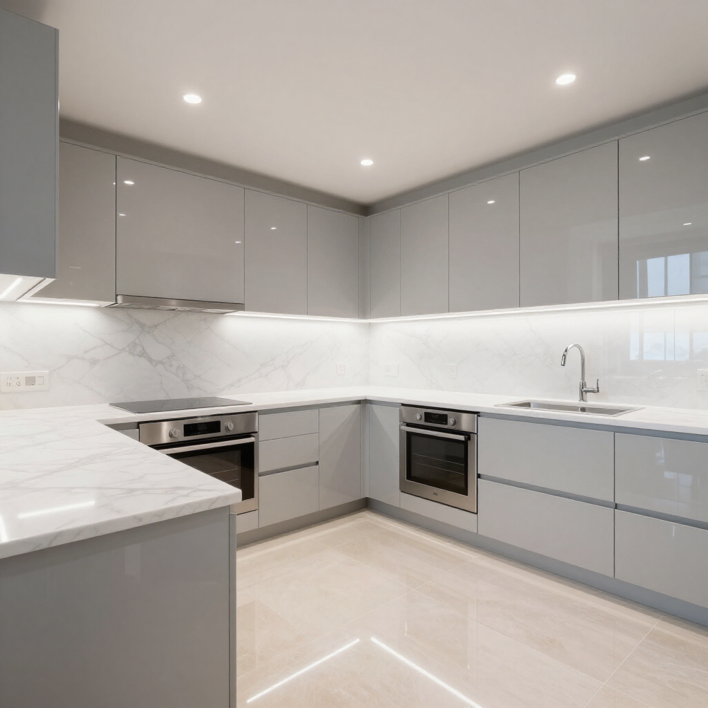 Modern white and gray L-shaped kitchen with glossy cabinets, marble backsplash, built-in oven, and bright floor tiles