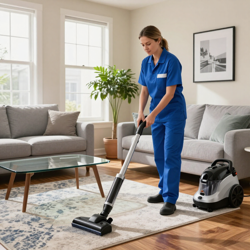 Cleaner vacuuming a bright living room with a canister vacuum beside sofas and a coffee table