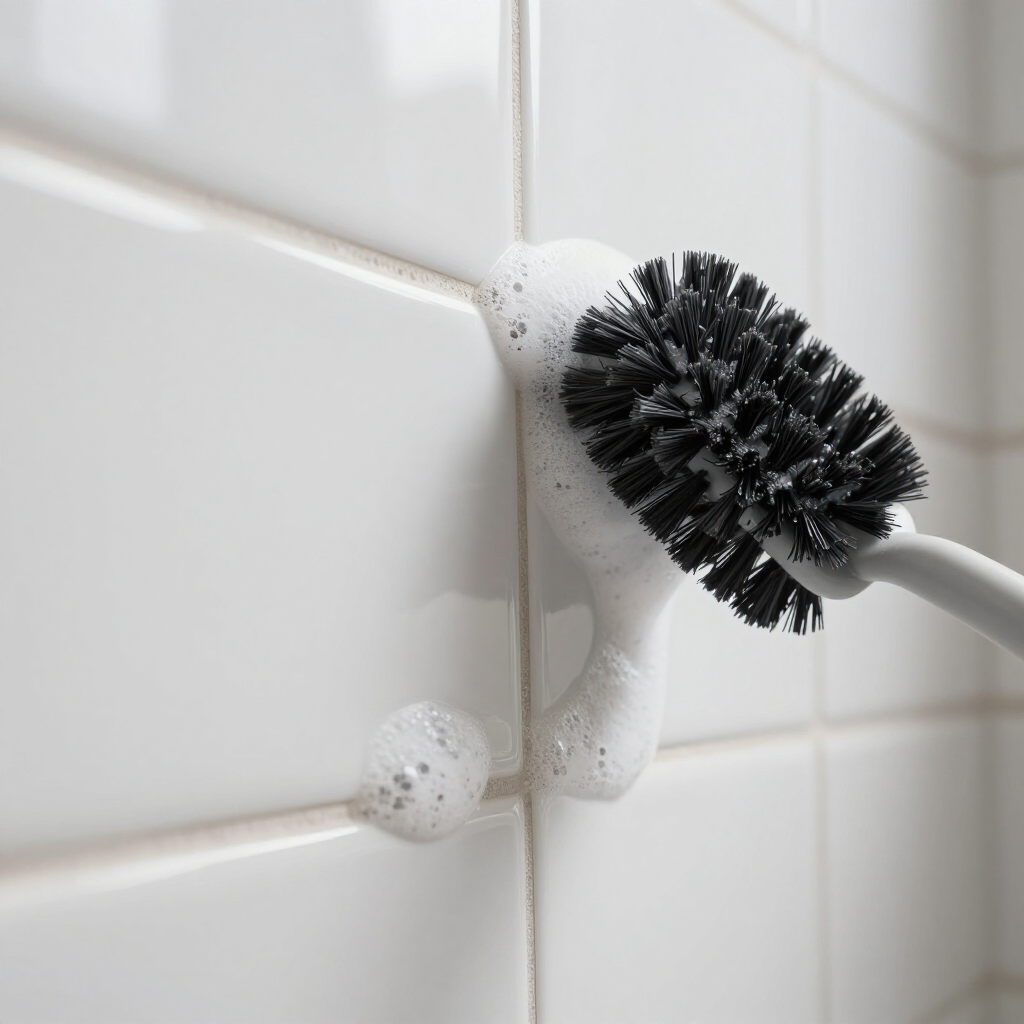 Black scrub brush cleaning soap suds from white bathroom tile grout