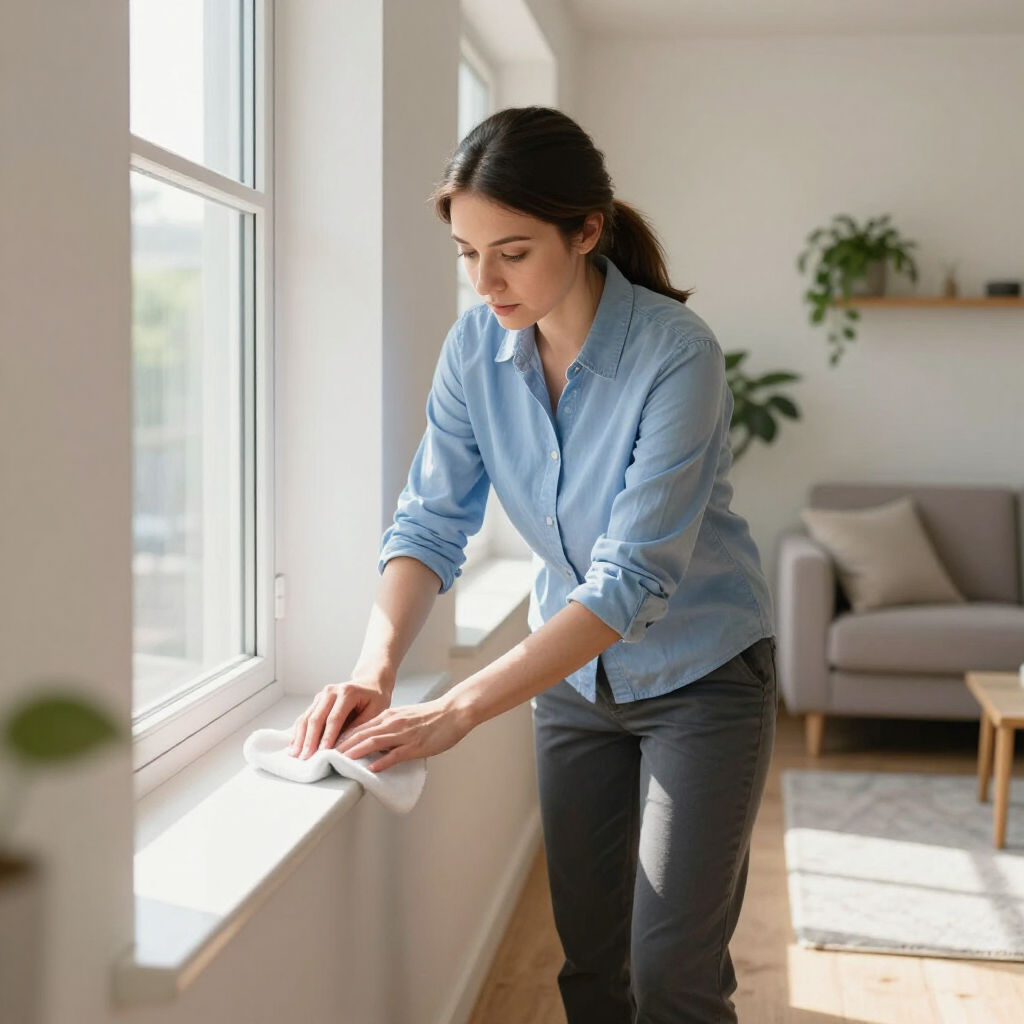Woman wiping a windowsill with a cloth in a sunlit living room