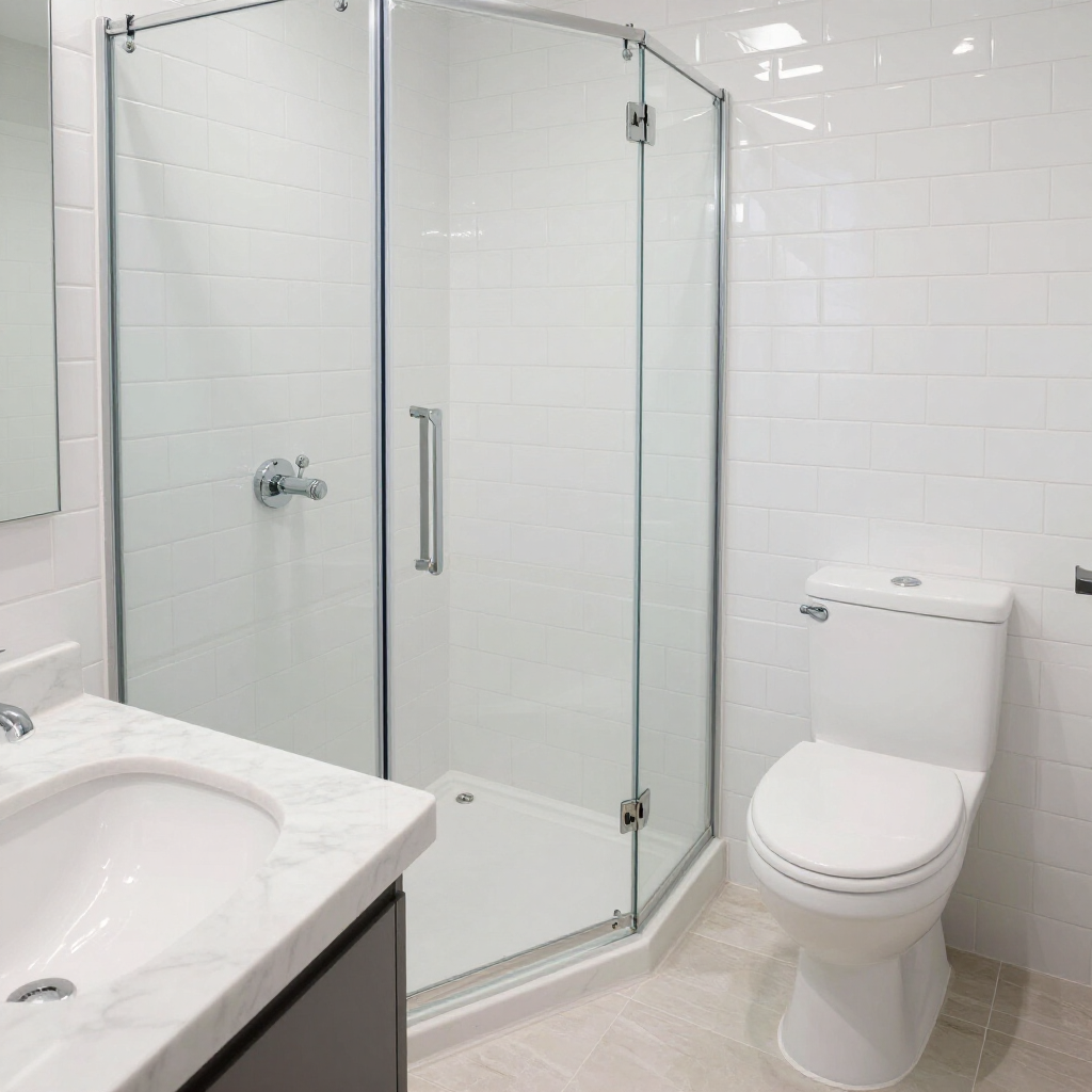 Modern white bathroom with glass shower, toilet, and sink.