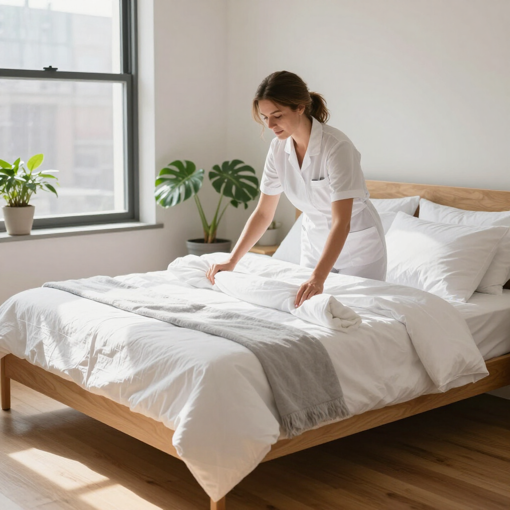 Person making a white bed in a bright bedroom with wood floors and potted plants