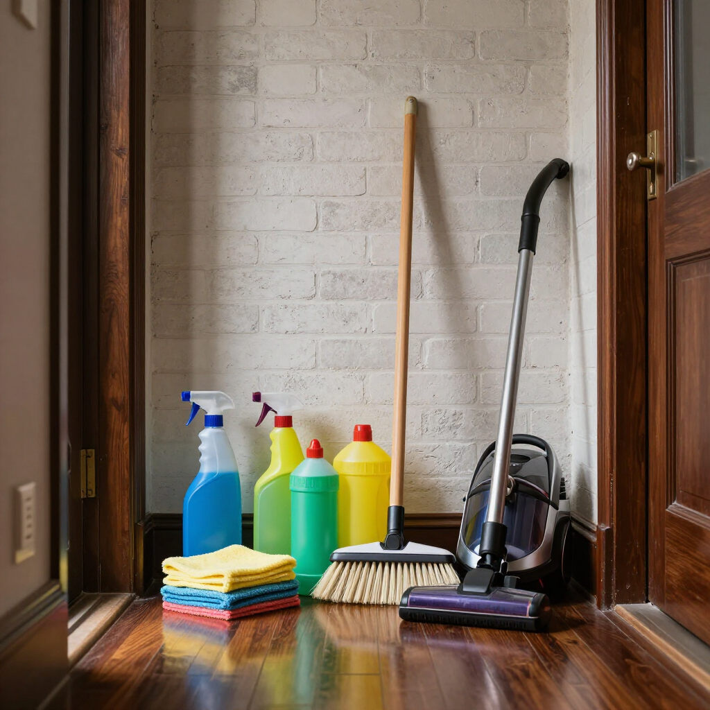 Cleaning supplies and tools on a wooden floor by a white brick wall, with mops, spray bottles, broom, and vacuum.
