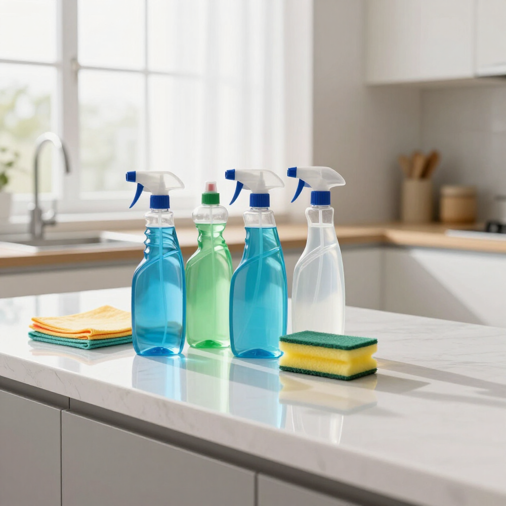 Four spray bottles and cleaning sponges on a kitchen counter in a bright, modern kitchen