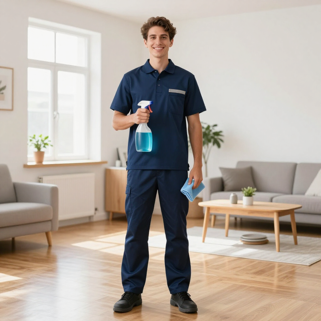 Cleaner in navy uniform holding a spray bottle and cloth in a bright living room