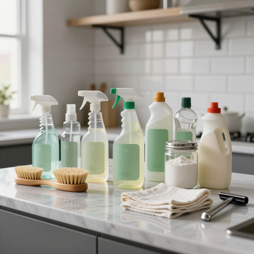 Cleaning supplies and brushes arranged on a kitchen countertop by a tiled backsplash.