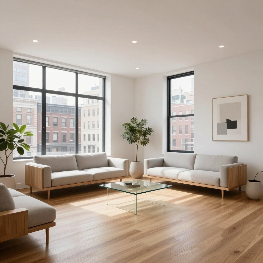 Bright, modern living room with large windows, beige sofas, a glass coffee table, and wood floors
