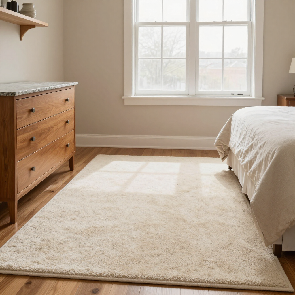 Minimal bedroom with a cream rug, wooden dresser, bed, and a bright window.