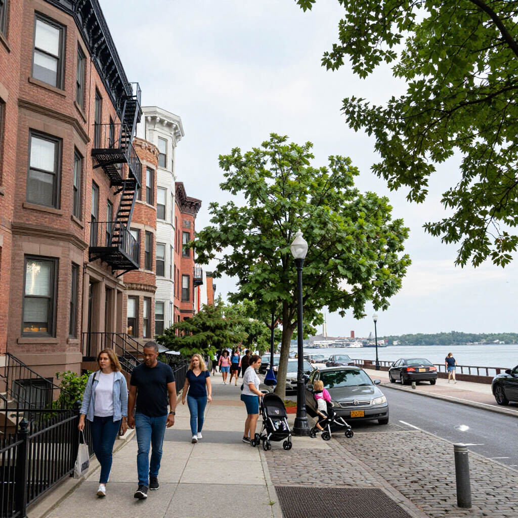 People walking on a waterfront sidewalk beside brick apartments, trees, parked scooters, and cars.
