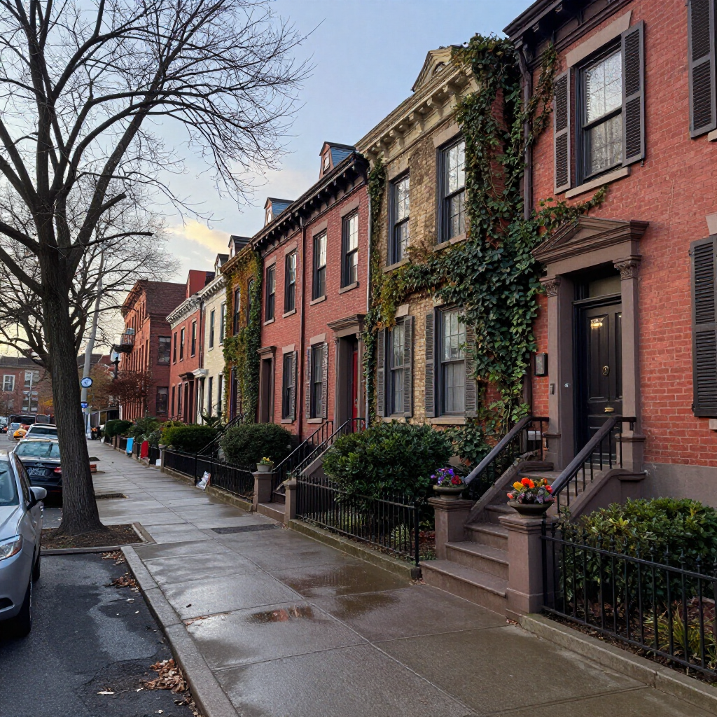Wet residential street with brick rowhouses, bare trees, and parked cars