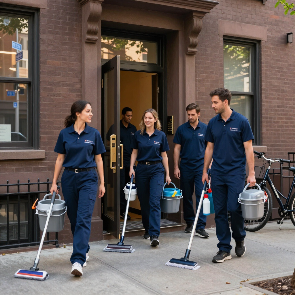 Four cleaners in navy uniforms walk out of a brick building with mops and buckets