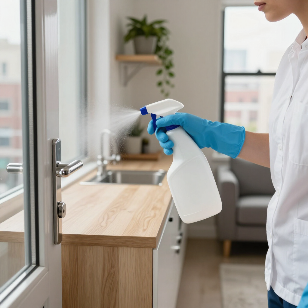 Person in blue gloves spraying cleaner on a wooden table in a bright room.