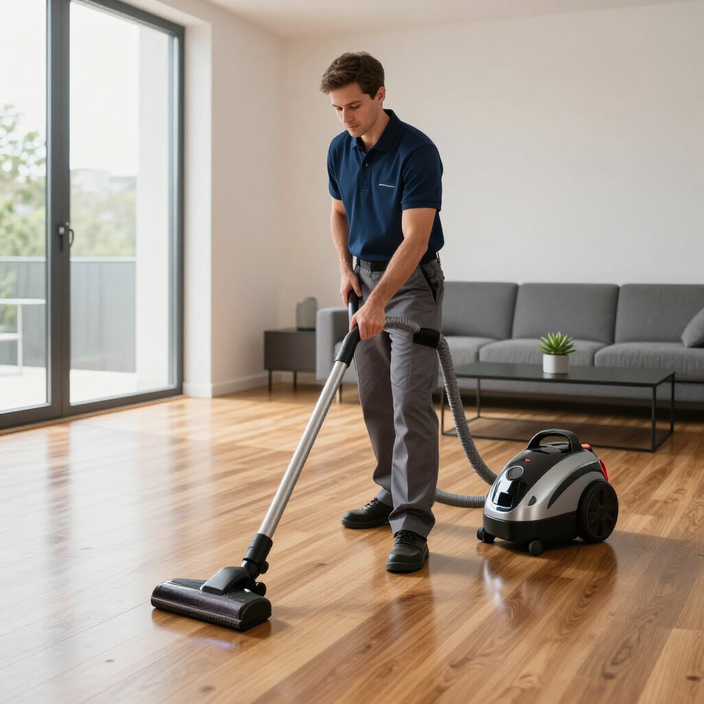 Man vacuuming hardwood floor in a bright living room with a canister vacuum
