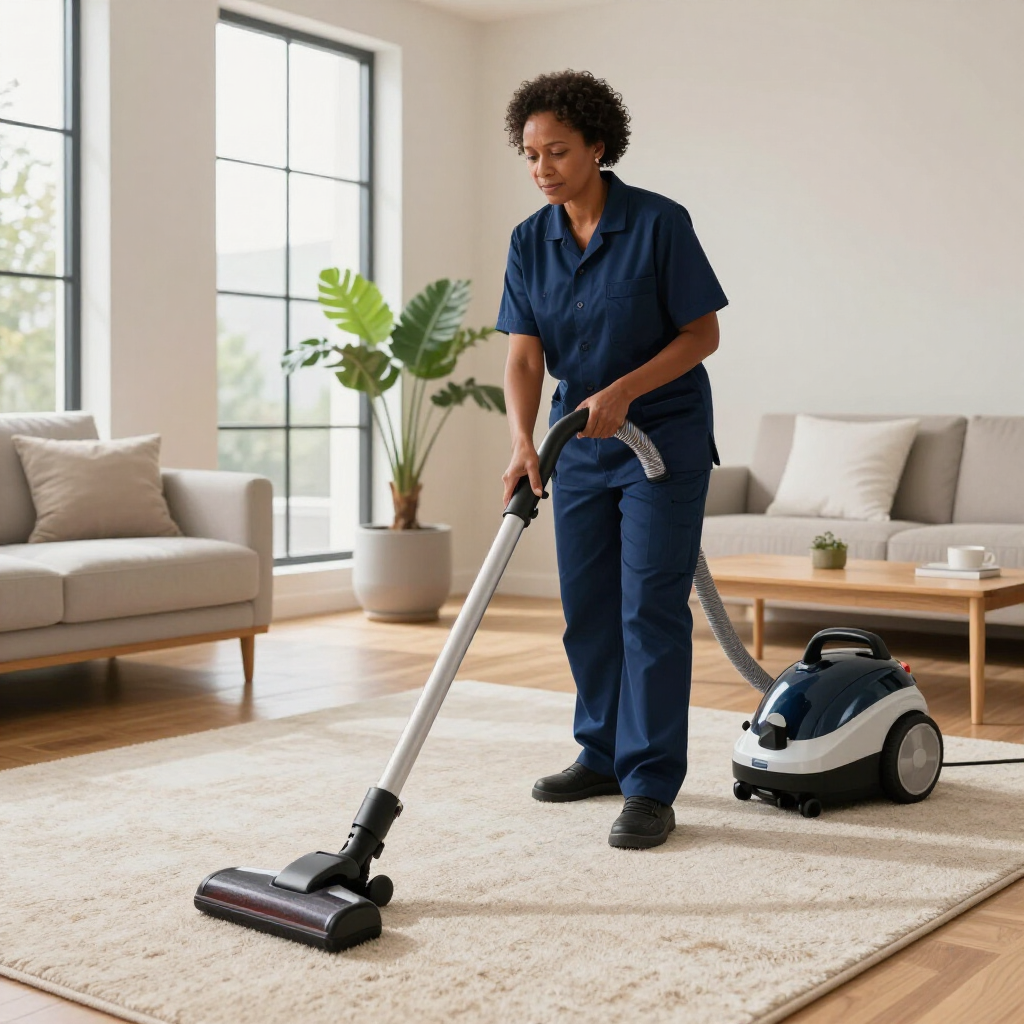 Person vacuuming a beige rug in a bright living room, with a canister vacuum beside them.