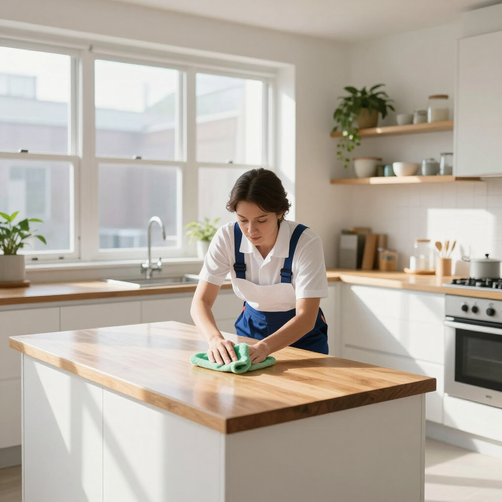 Person wiping a kitchen island in a bright modern kitchen with white cabinets and a large window