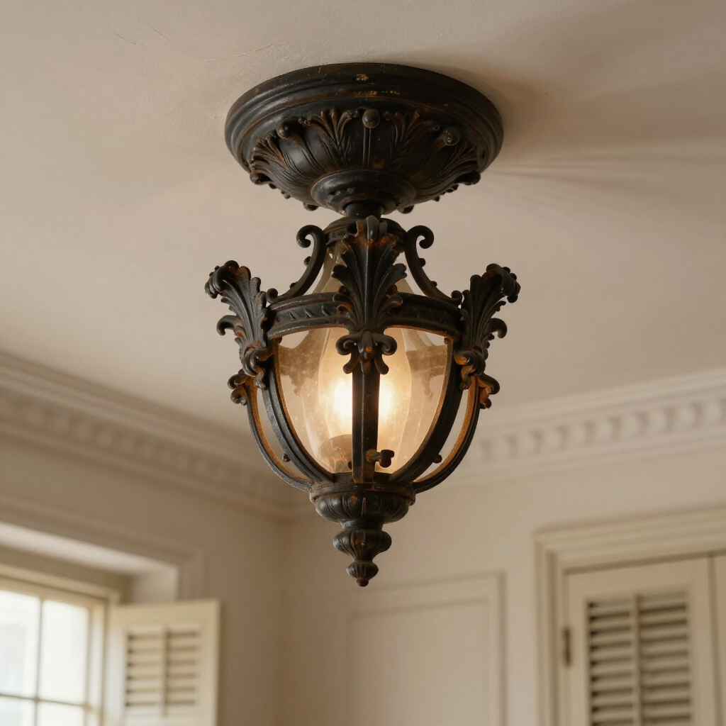 Ornate bronze ceiling light with frosted glass shade in a cream-colored room