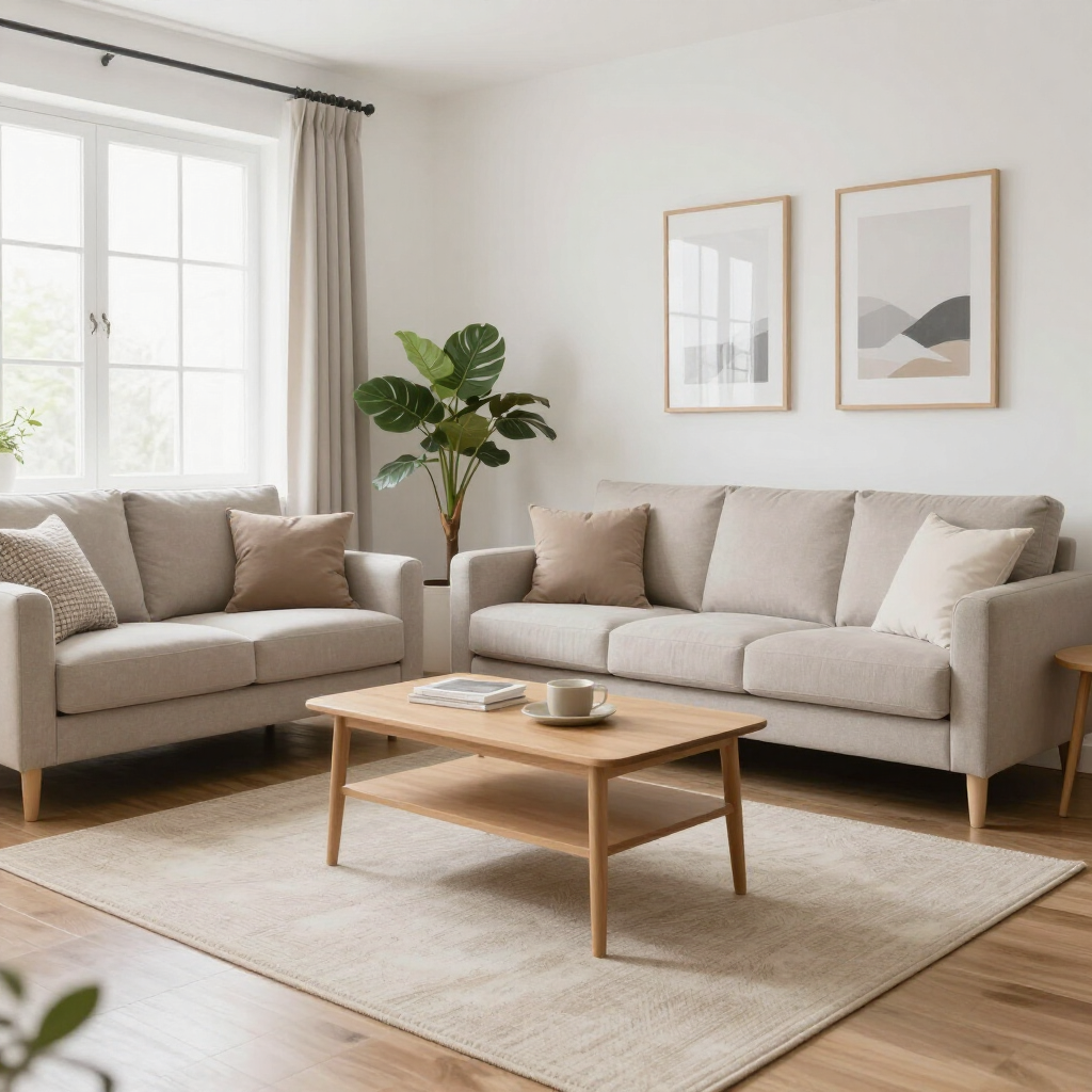 Bright living room with beige sofas, wooden coffee table, rug, potted plant, and framed wall art.