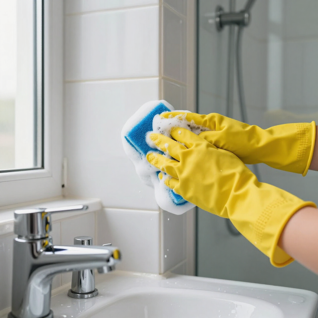 Yellow-gloved hands scrubbing a bathroom sink and faucet with a blue sponge near a mirror.