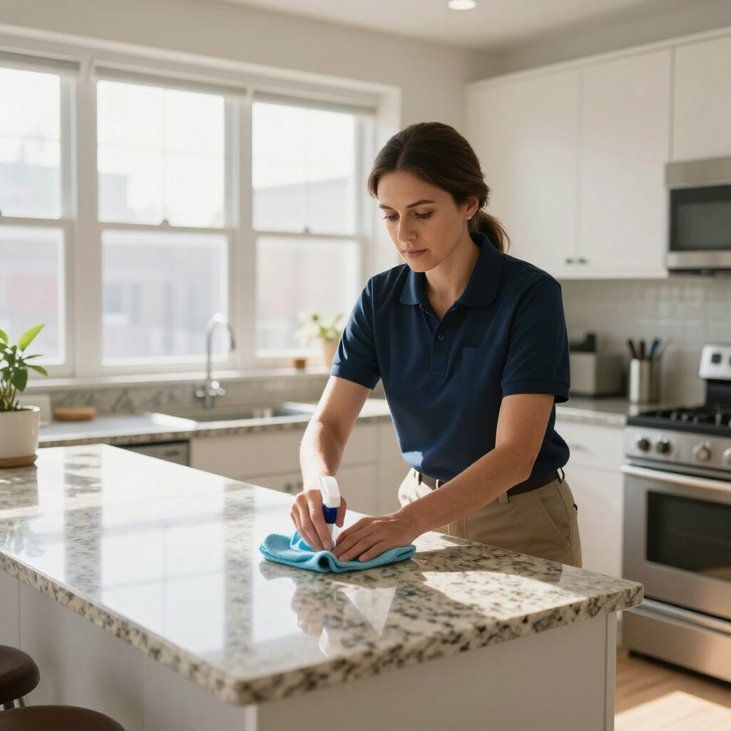 Person cleaning a granite kitchen island with a blue cloth in a bright modern kitchen