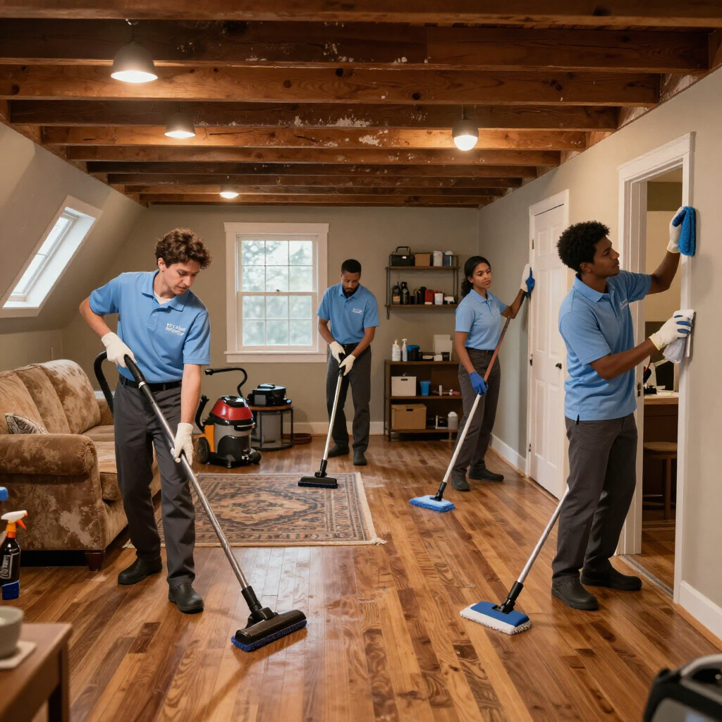 Three cleaners in blue shirts vacuuming a living room with exposed wood beams and hardwood floors.