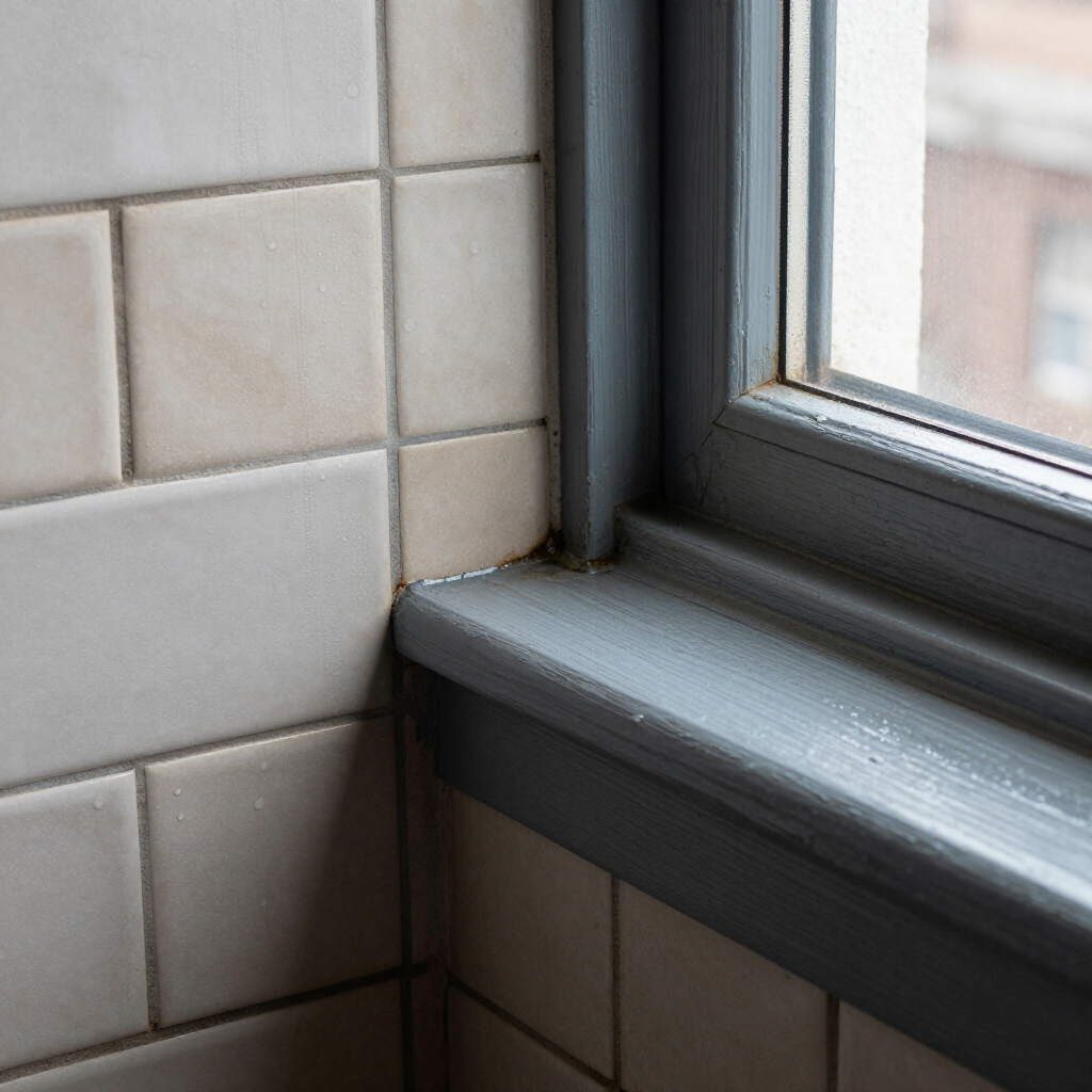 Tiled bathroom corner with a dark gray windowsill beside a window.