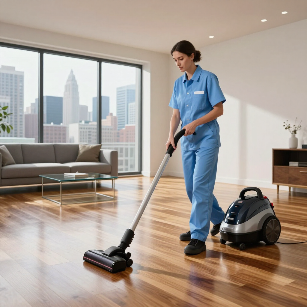 Janitor vacuuming a polished office floor with a city view through large windows