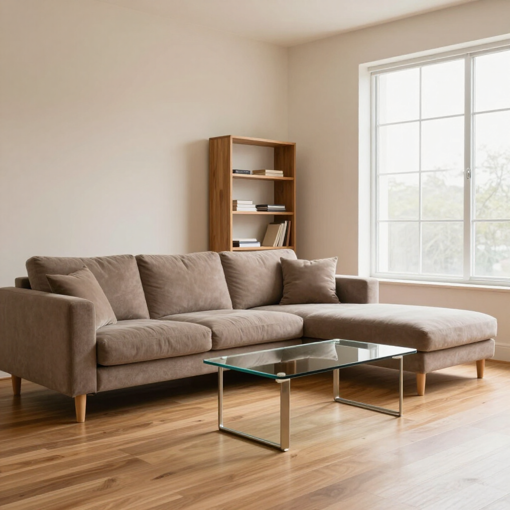 Modern living room with a beige sectional sofa, glass coffee table, wooden bookshelf, and large window.