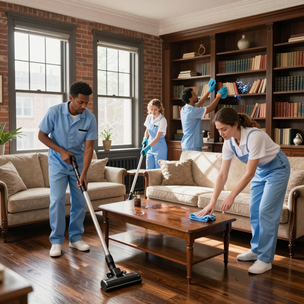 People cleaning a living room with a sofa, coffee table, windows, and bookshelves