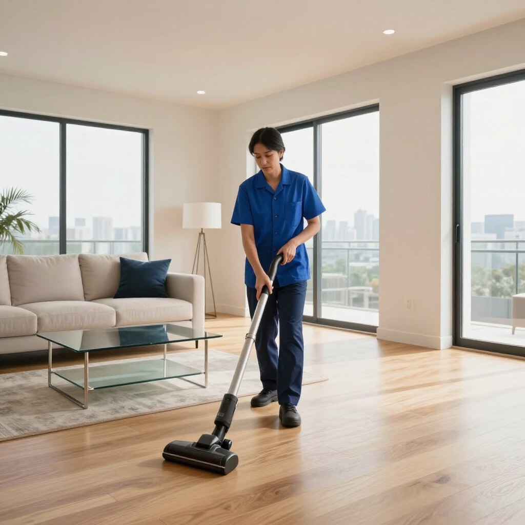 Person vacuuming a bright modern living room with hardwood floors and large windows