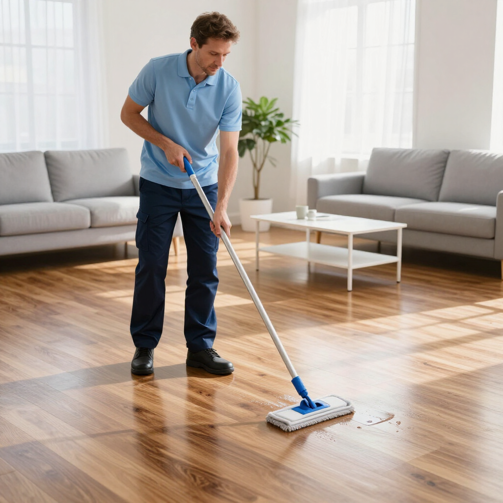 Person mopping a wooden floor in a bright living room with gray sofas and a white coffee table