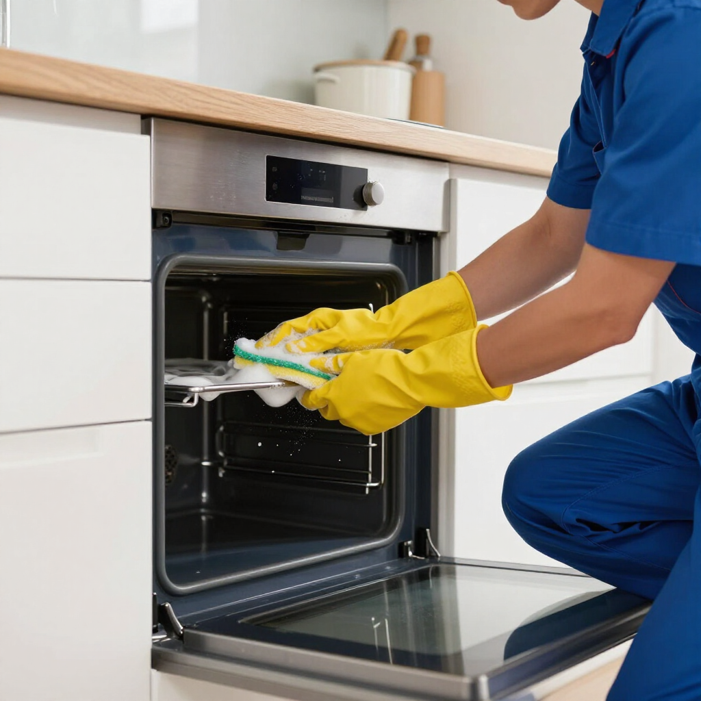 Technician in blue uniform and yellow gloves cleaning an open oven with a cloth