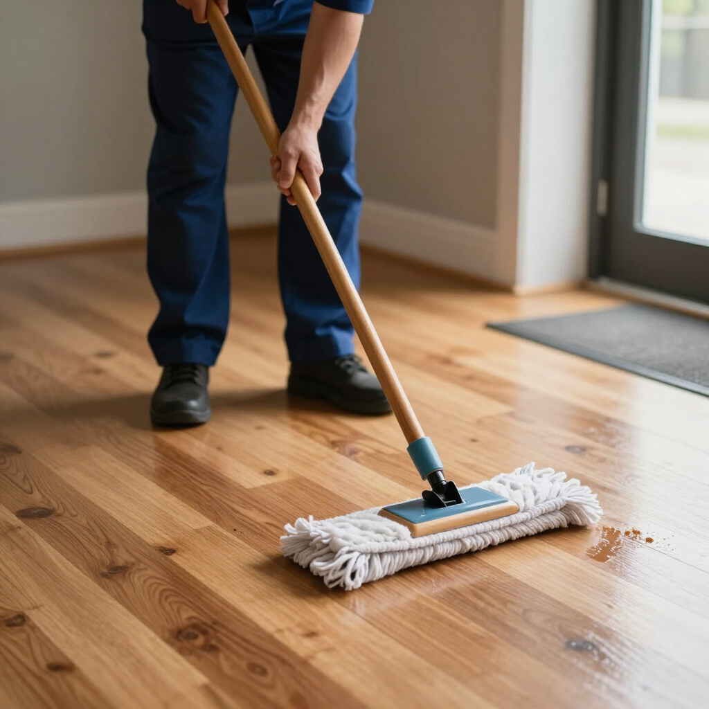 Person mopping a hardwood floor near a doorway with a white string mop and wooden handle
