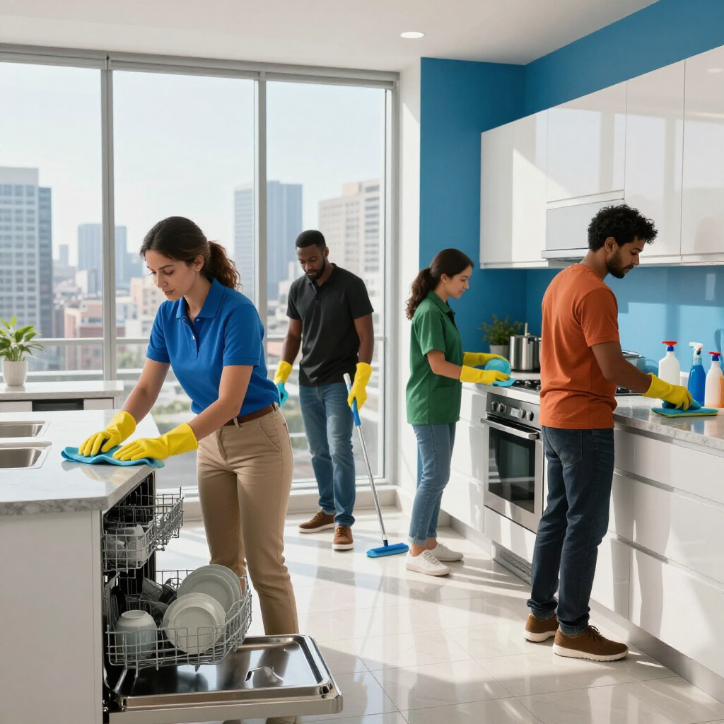 People cleaning a modern kitchen with mops and gloves, sunlight streaming through large windows