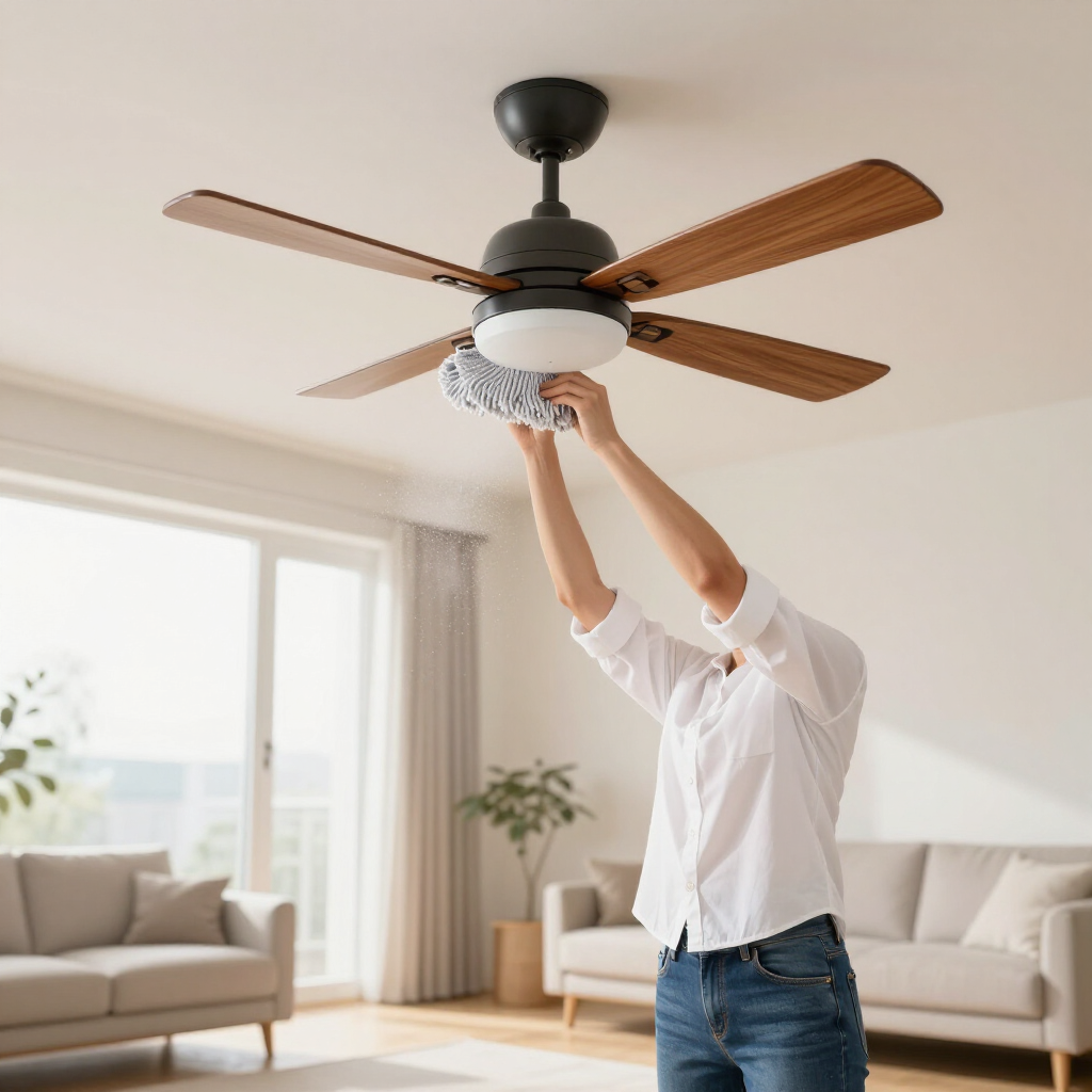 Person cleaning a ceiling fan in a bright living room with a cloth